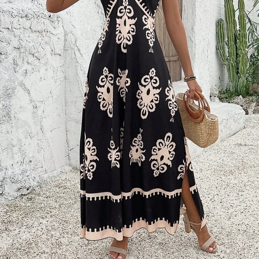 Black Boho Women's Floral Print Split Thigh Cami Dress - Picture 5 of 6